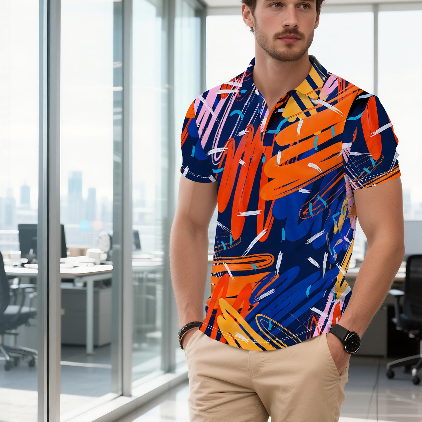 TEMU Men's Spring Summer Autumn New Versatile Shirt, Creative Colorful Abstract , Casual Outdoor Sports Business Multi- Short Sleeve