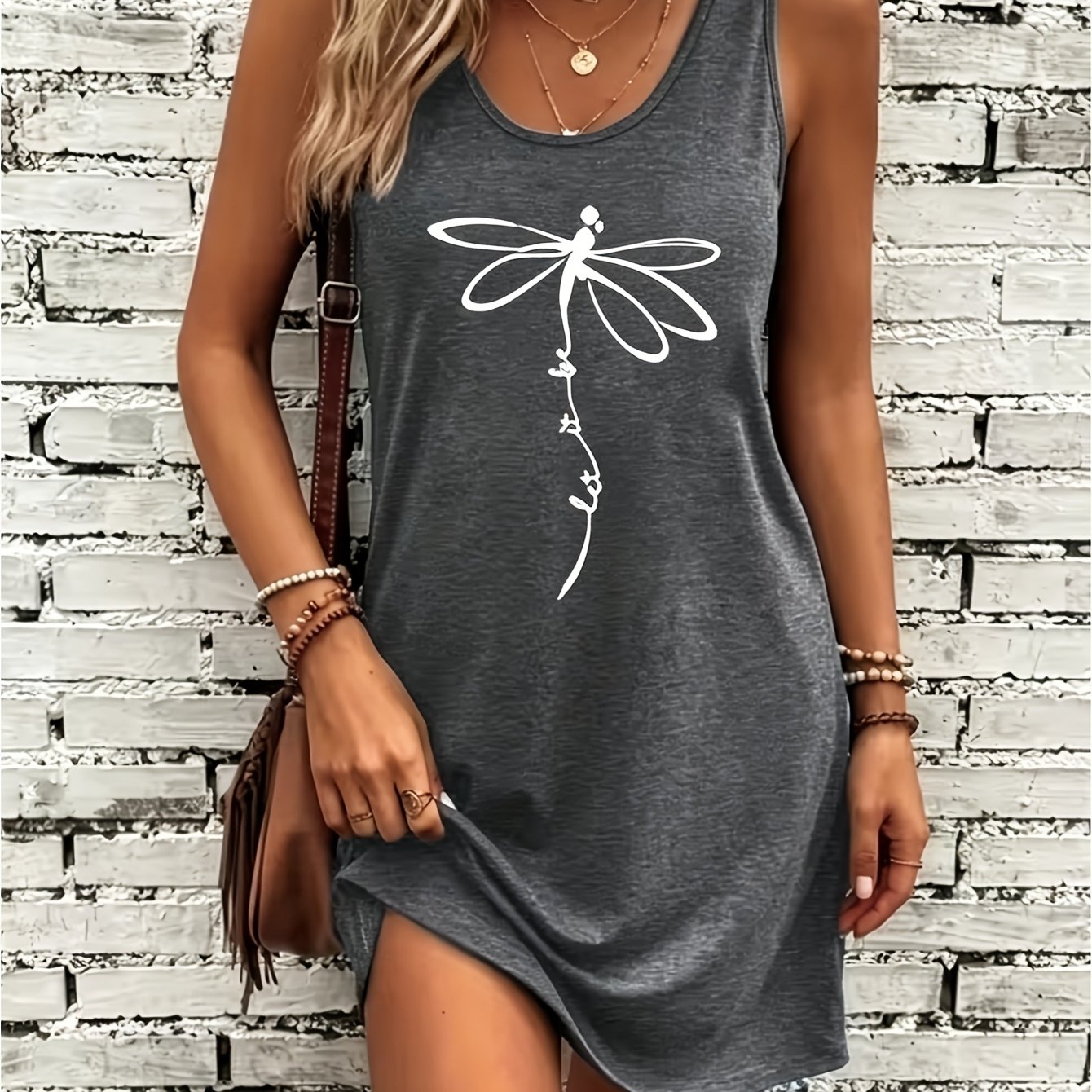 TEMU Casual And Simple Dragonfly Pattern Printed Tank Dress, Fashionable And Versatile , Summer Seaside , Korean Version With And Elegant Vibe,
