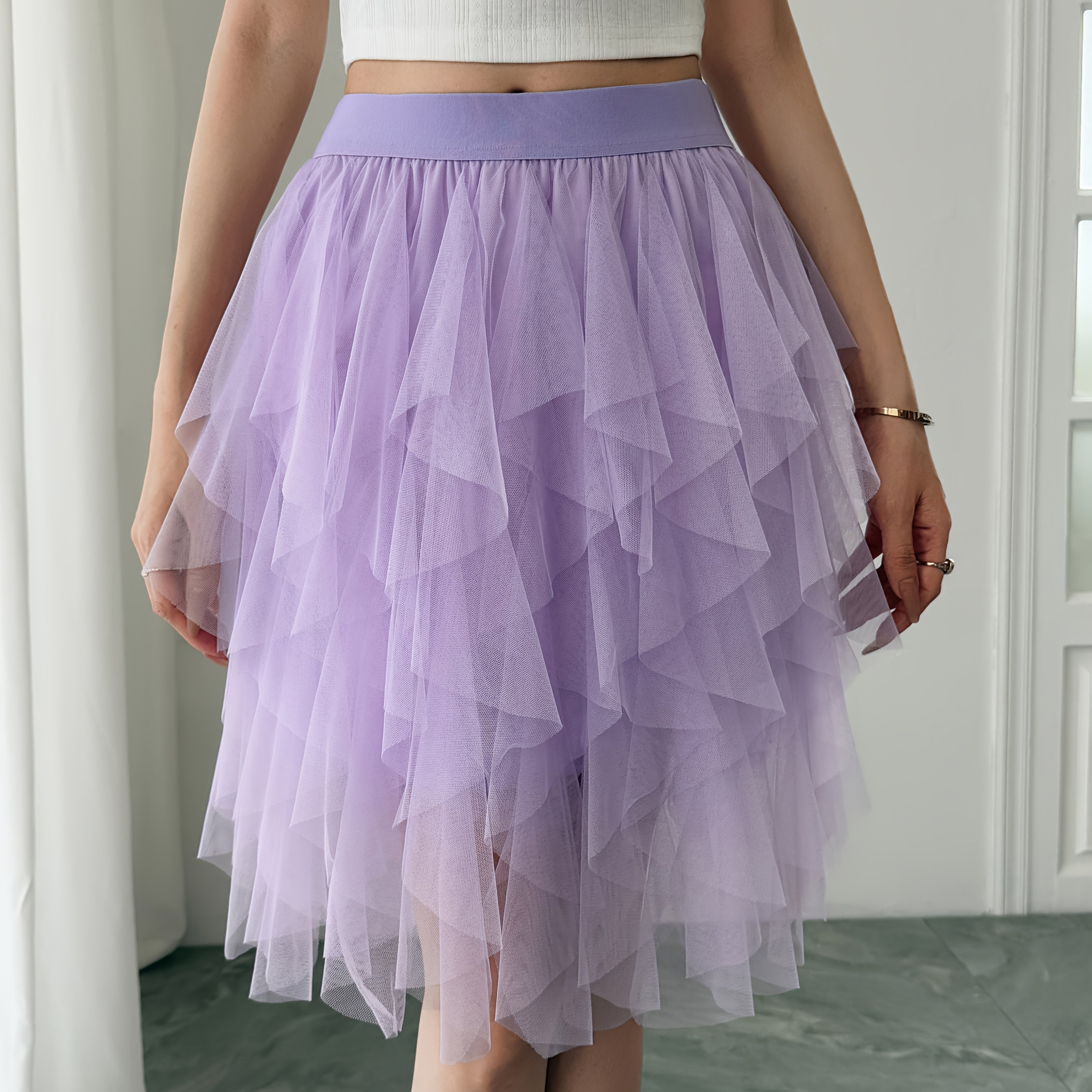 TEMU Falda de malla de color sólido irregular y versátil con cintura y