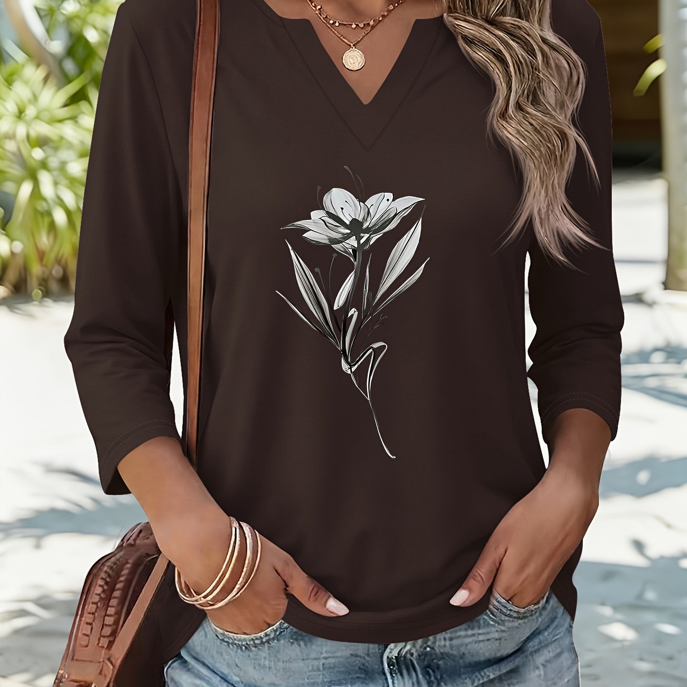 TEMU Graphic Print T-shirt, V-neck Three-quarter Sleeve T-shirt, Elegant Solid Color Top For Spring And Summer, Women's Wear