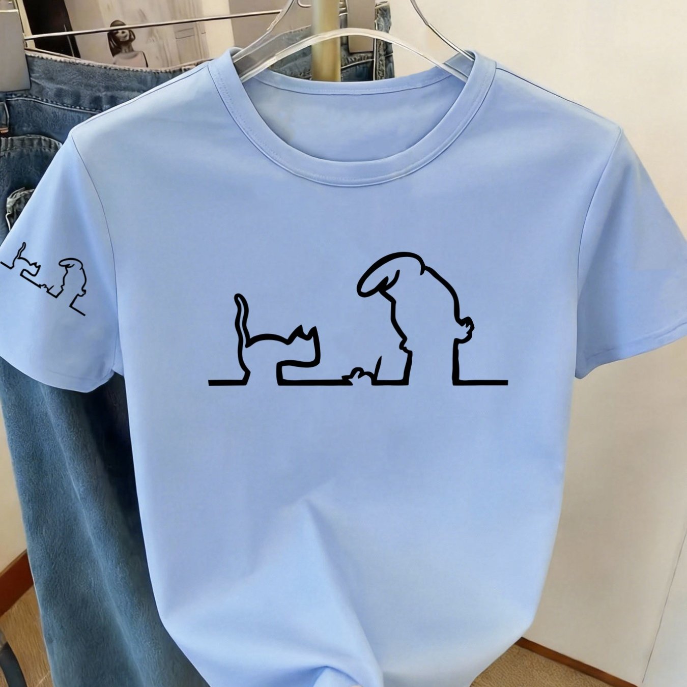 TEMU Women's Y2k Round Neck Short Sleeve T-shirt - Cute Animal & Kawaii Character Print Blouse-compatible Non- Top, Stretchy Casual Casual Attire
