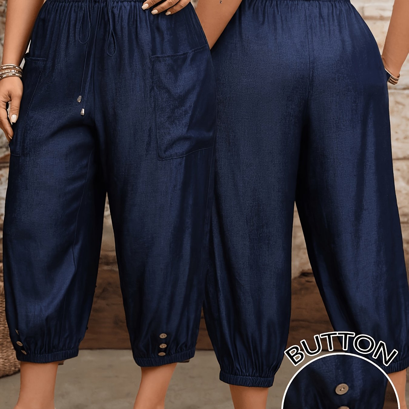 TEMU Plus Size, Plus-size Women's Pants, Casual Ankle Pants With Decorative Buttons For An Adjustable And Versatile Waistband