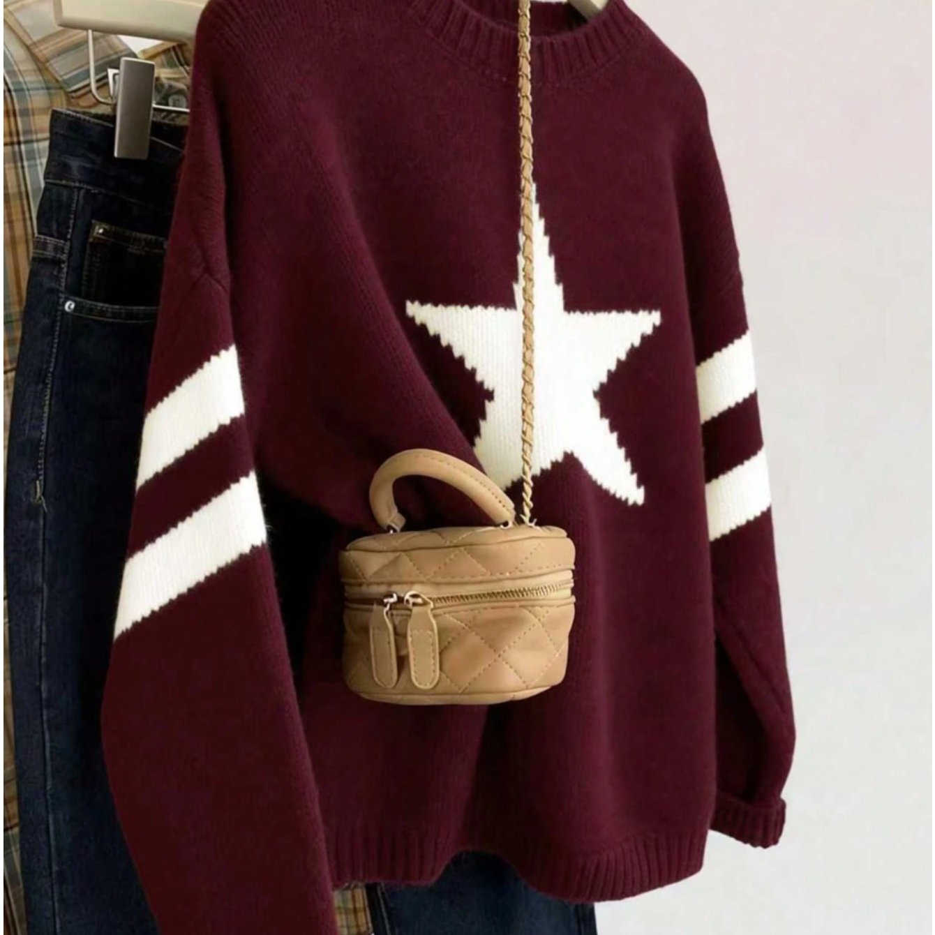 TEMU Autumn Winter Women's Fashionable Elegant Style Star Pattern Easy Pullover Sweater, Loose Round Neck Long Sleeve Color-block Striped Soft