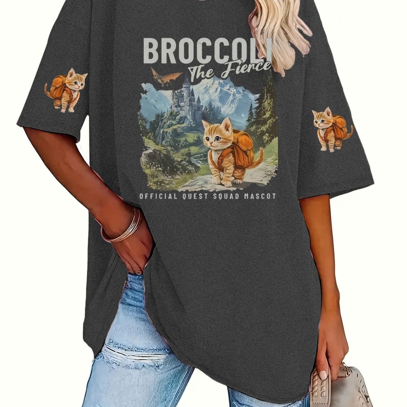 TEMU Plus Size Women's Broccoli Graphic T-shirt - Cute Cartoon Dog & Broccoli Print Short Sleeve Crew Neck Top, Machine Washable Casual Tee For ,