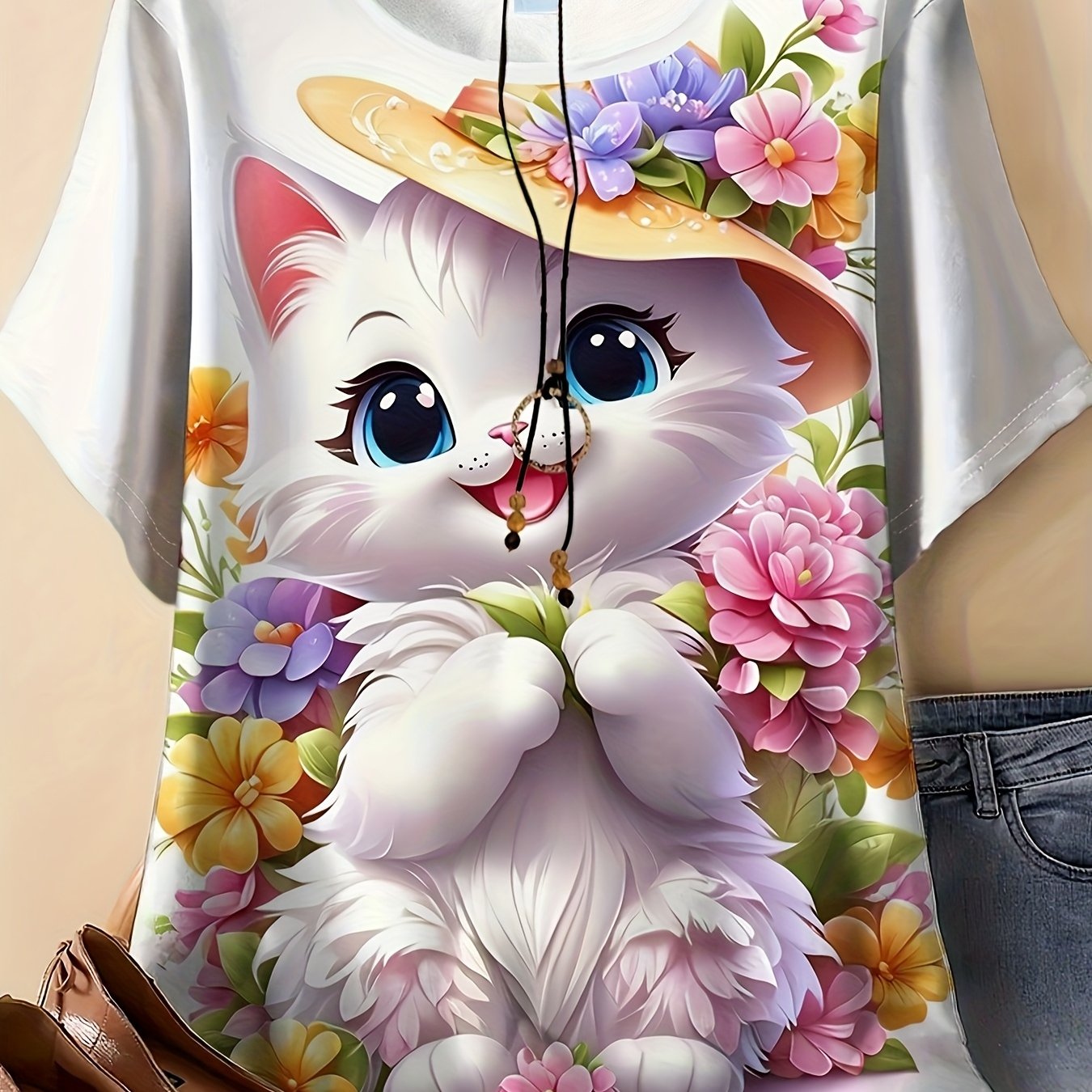 TEMU Plus Size, Women's Casual Short-sleeve T-shirt - Smiling White Cat With Floral Print - T-shirt, Single Item, Fashionable, Machine Washable, Fun,