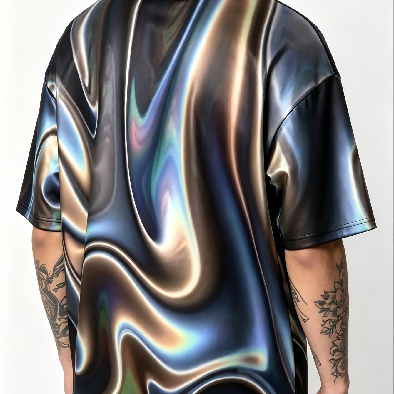 TEMU Liquid Gradient Iridescent Print Trendy T-shirt - Print Short Sleeve, Streetwear Casual Top, Western Men' Versatile Machine Washable