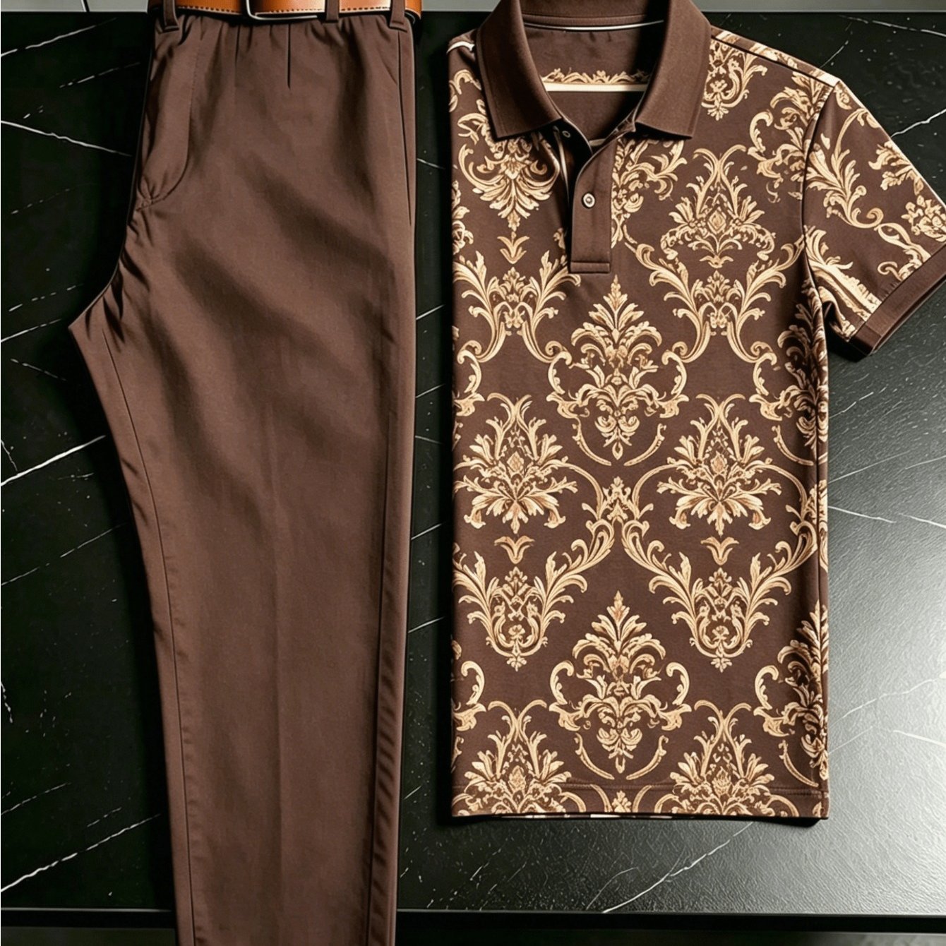 Men's 2pcs Casual Outfit Set, Vintage Baroque Damask Floral Full Print Short Sleeve Shirt + Solid Straight Chino Pants, Summer Business Golf Daily Holiday Matching Suit