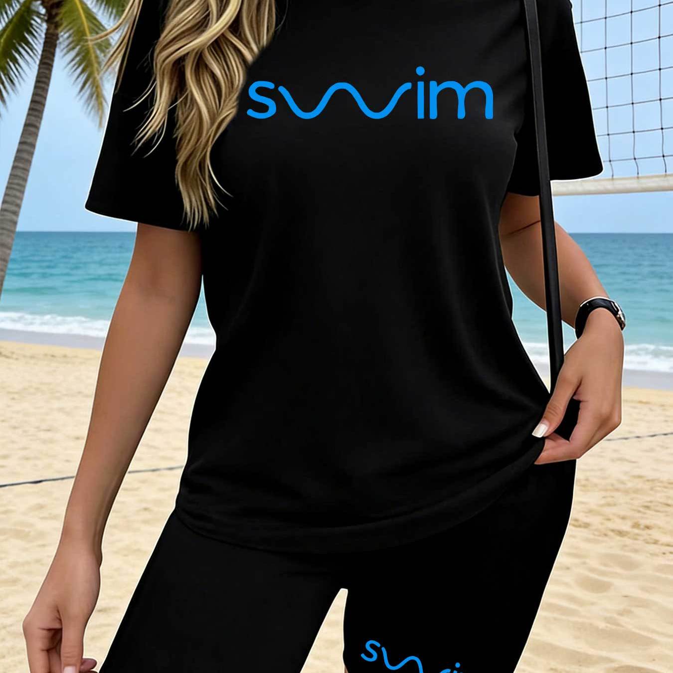 TEMU Y2k Women's 2pcss Set, Blue Wave Creative Swimming Logo Design Creative Artistic Trendy Pattern, Western Women's Round Neck T-shirt And Elastic