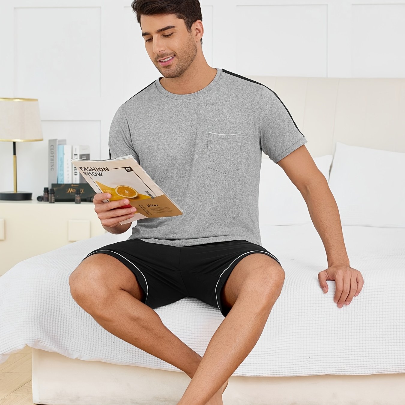 Image of Men's Color-blocking Piping Short Pajama Set, Solid Color Short-sleeved Pajama Set, Casual Men's Short-sleeved Pajama Set, Including A Short-sleeved Top And Shorts, Men's Loungewear