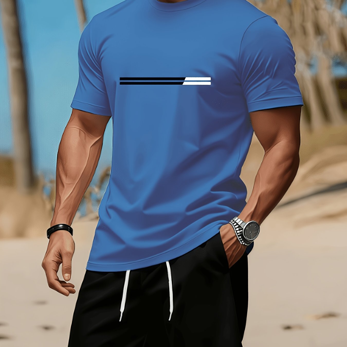 TEMU This Set Embodies And Sharp Summer Vibe, With Low-key - Contrast Line Prints On , With Drawstring Black Shorts, Dressing . Breathable Fabric