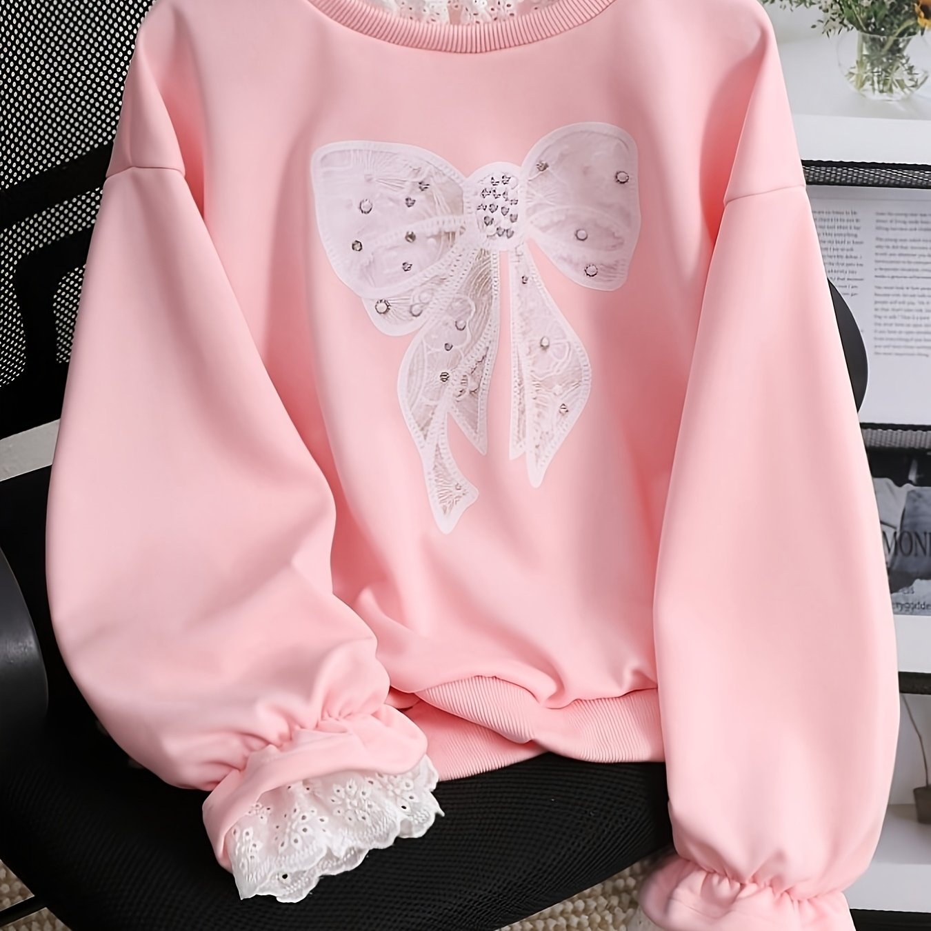 TEMU Spring/autumn Girls' Sweet And Gentle Korean-style Pink Round Neck Long-sleeve Sweatshirt With Lace The Neckline And Cuffs, And A Large Bow