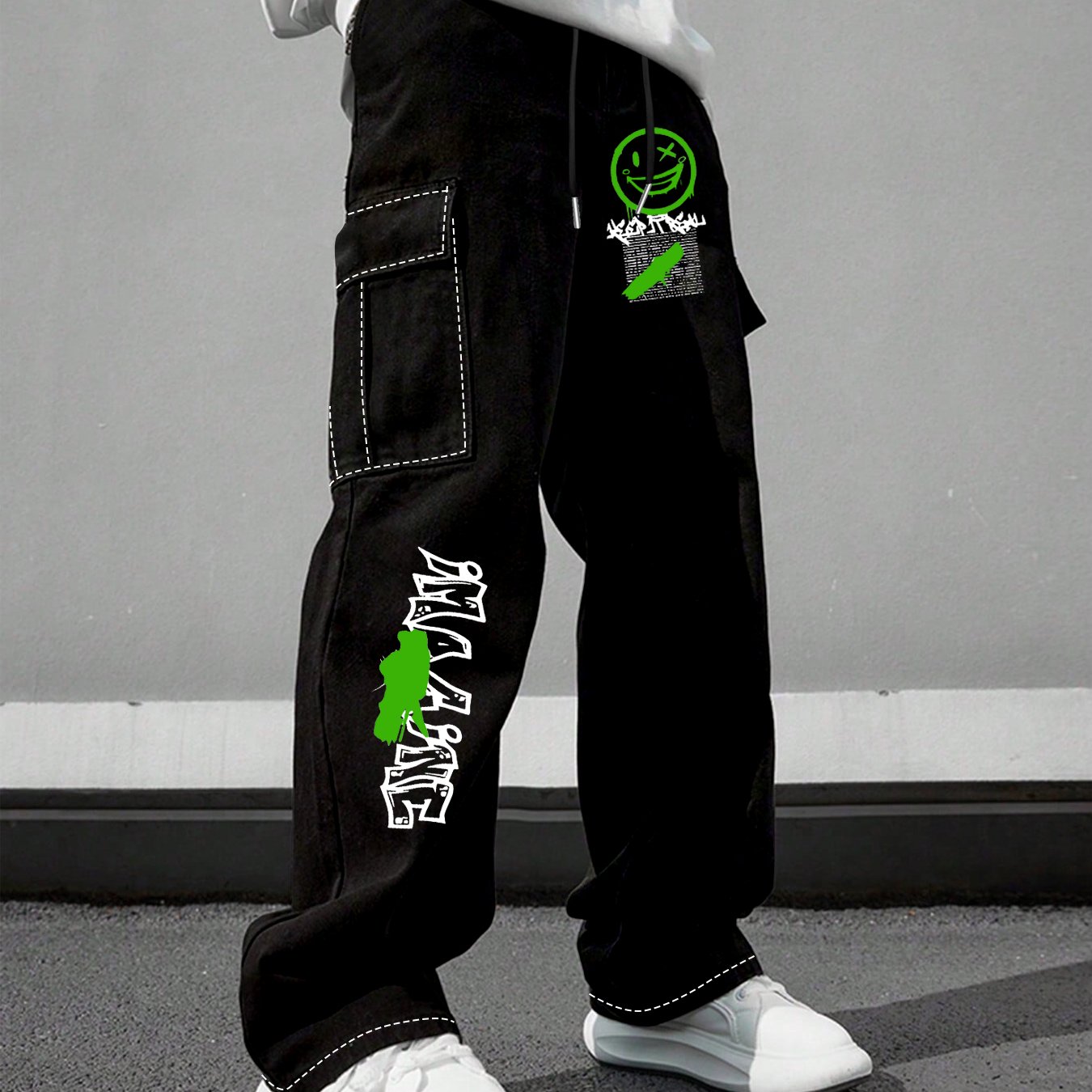 TEMU Green Face Graffiti Lettering Hem Cargo Pants, Unisex Loose Fit Straight-leg Multi-pocket Trousers, Streetwear Brand Casual Long Pants /