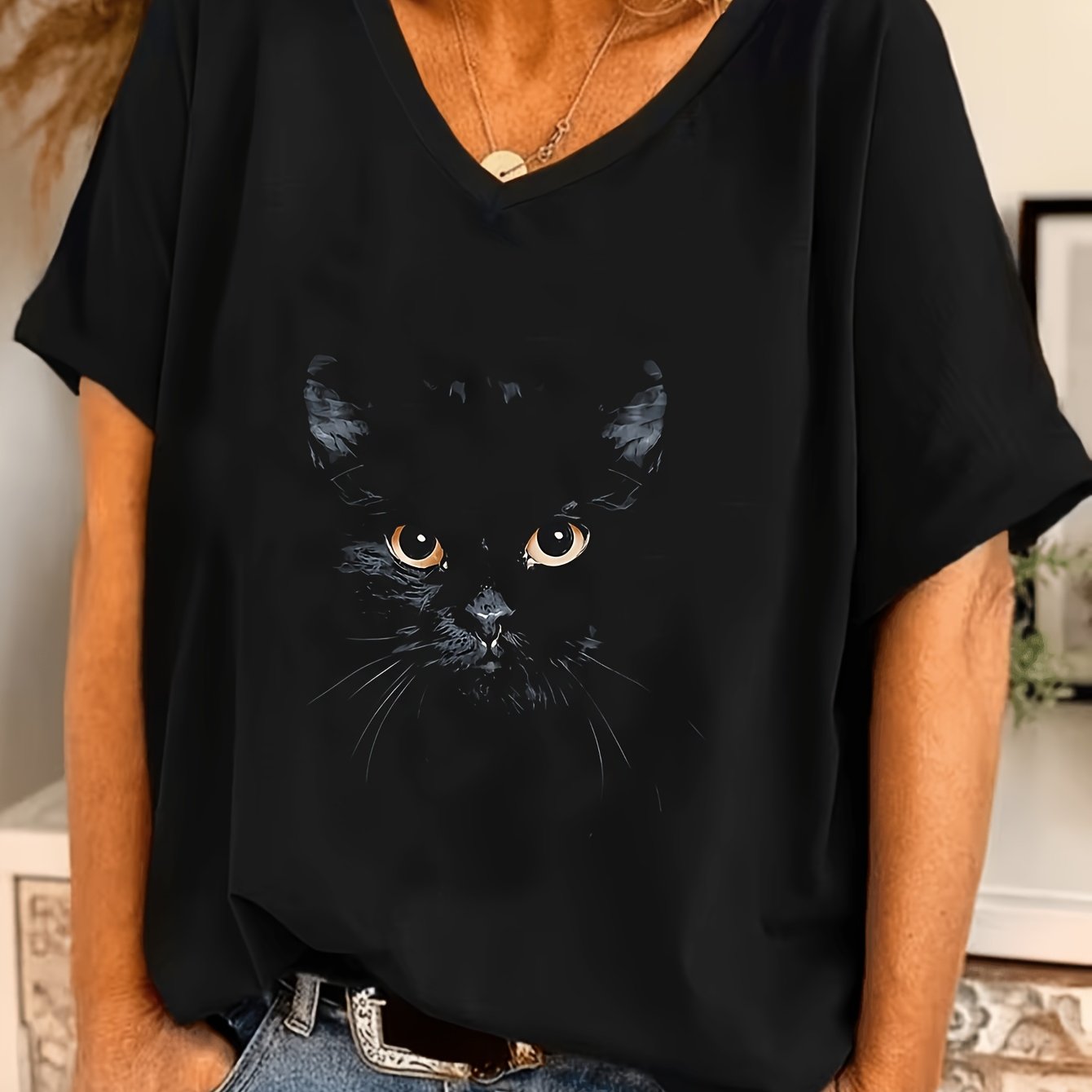 TEMU Plus Size, Women's Plus Size 1xl-8xl Batwing Sleeve V-neck T-shirt - Oversized Cat Print Blouse Top, Opaque Stretch Fabric Suitable For Wear,