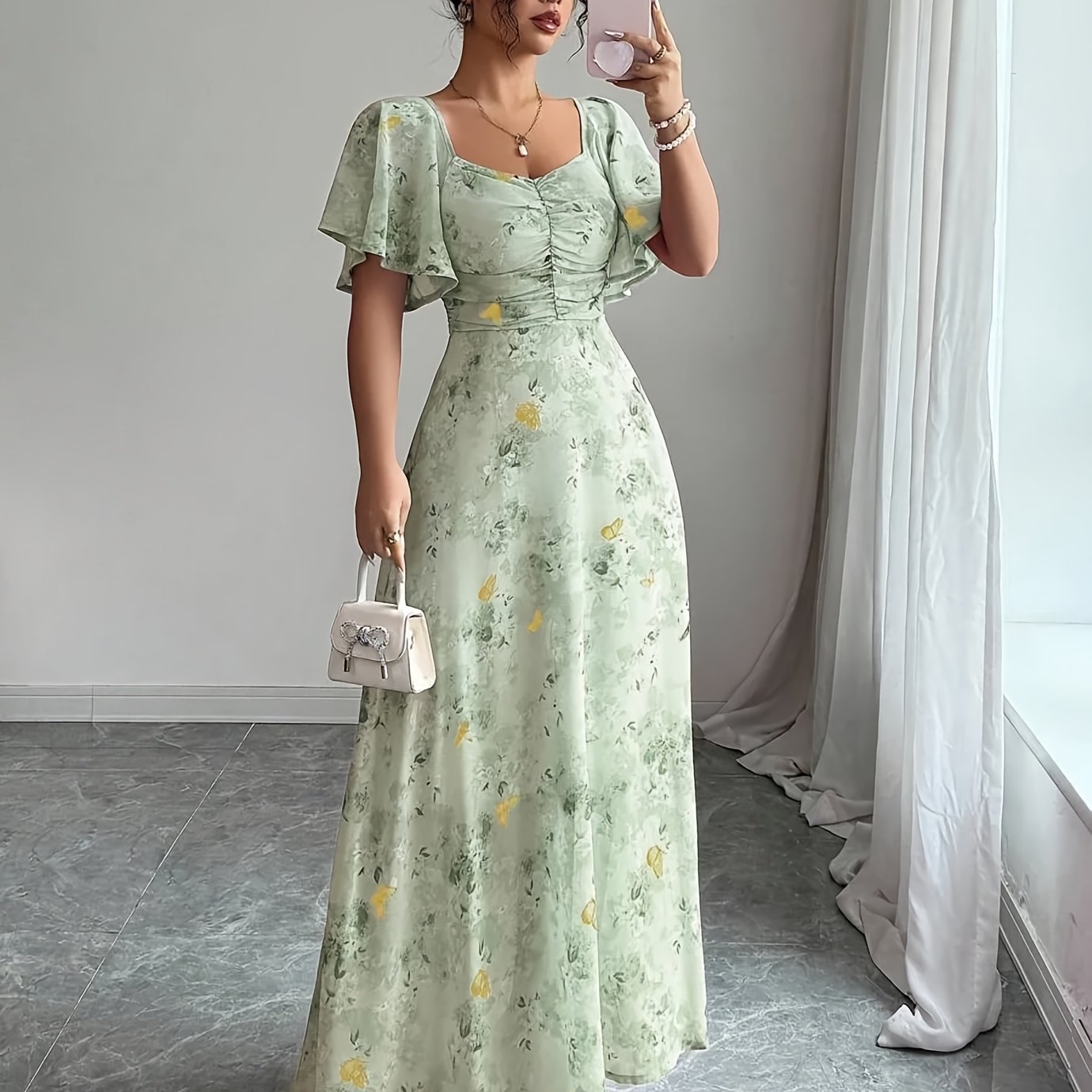 E-shop Damen-Chiffon-Minikleid mit Schmetterlingsmuster, Fledermausärmeln Kordelzug im süßen französischen Stil, elegantes Sommerkleid für Damen,