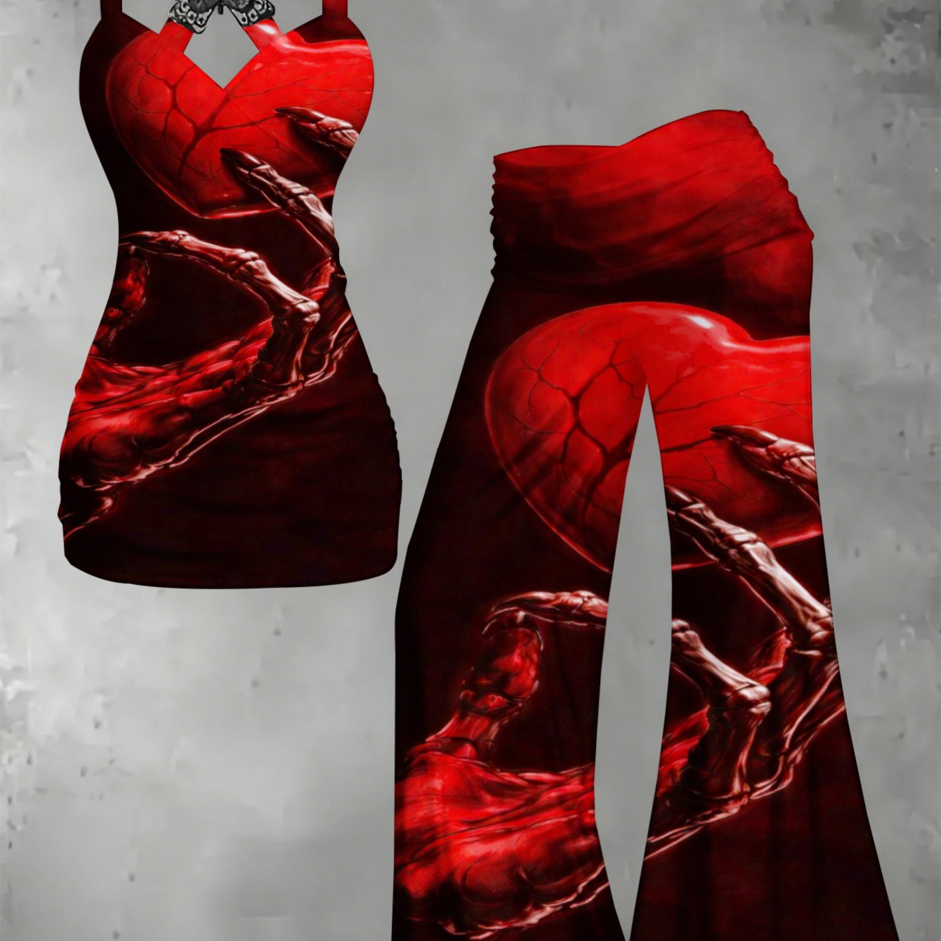 Image of Bowknot Strap Top & Long Pants Set For Women, S-2xl Sizes Red Heart Claws Stylish And Elegant New Casual Wear Styles Hollow-out Camisole Gifts For Girlfriends And