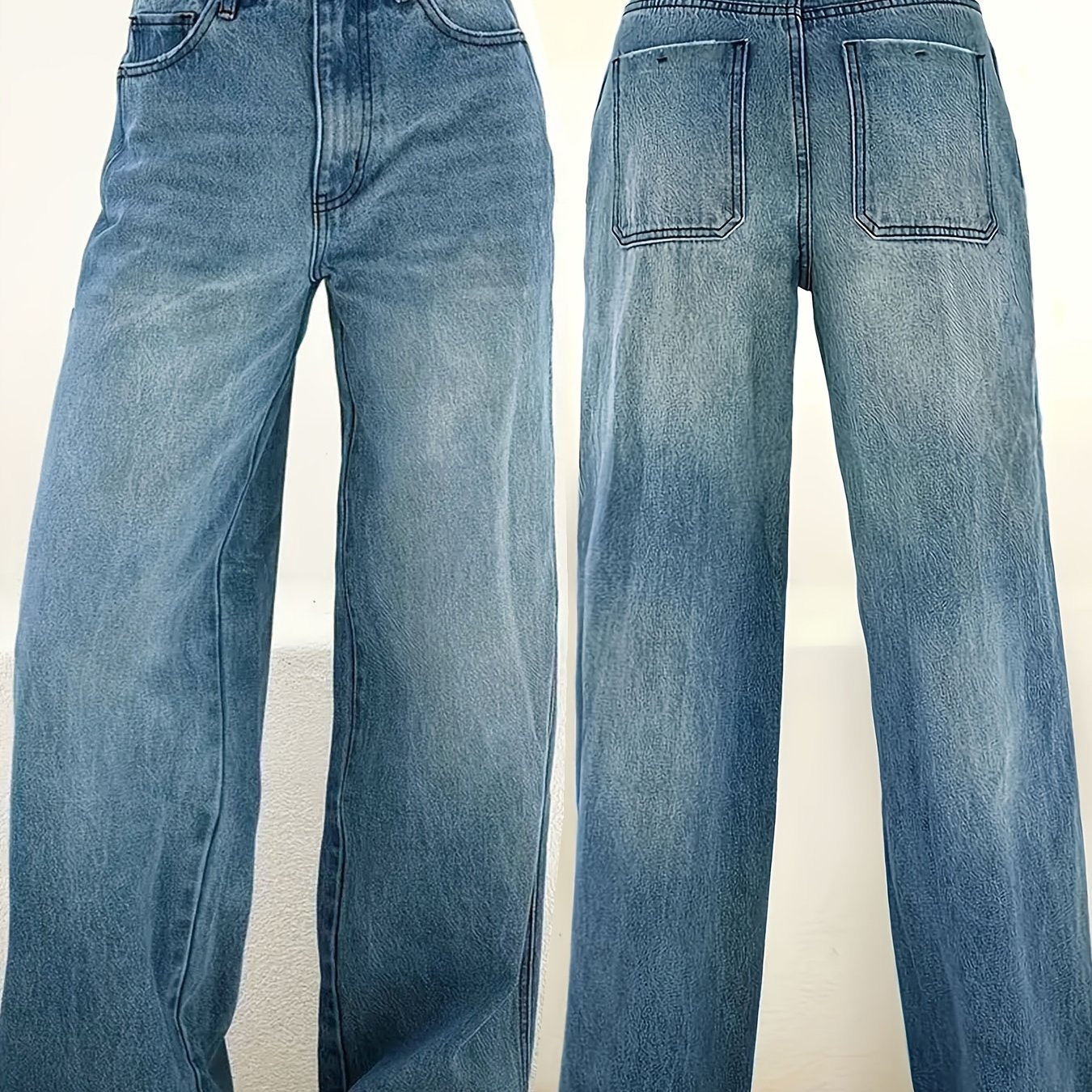 Image of Women's Plus-size 2026 New Stretchy Fashion Straight-leg Jeans, , Vintage Washed Blue, High-end Relaxed Wide-leg Casual Trousers - Perfect For Dating And Campus, Comfortable & Stylish