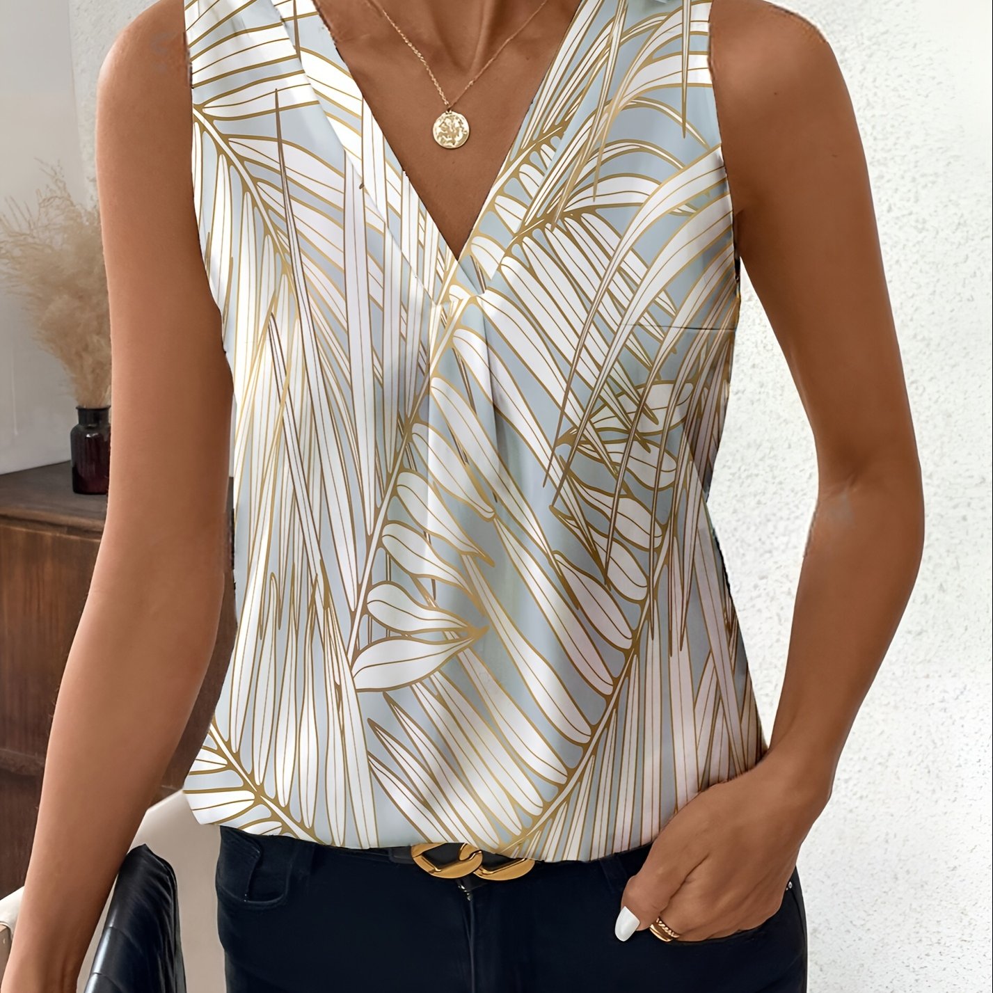 TEMU Grande Taille - Grande Taille - Reeds 'S Edge, Débardeur d'été élégant pour femmes de grande taille, Haut extensible à col en V avec imprimé