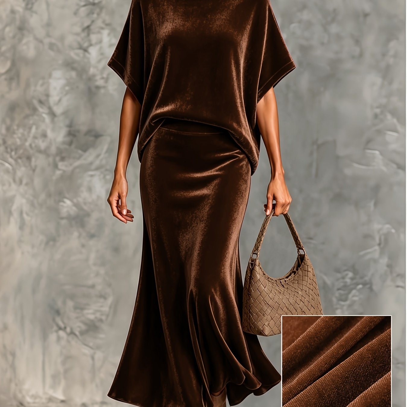 TEMU Autumn/ Lazy Velvet Set: High Neck Batwing Sleeve Pullover Cape Top + Mermaid Skirt, Elegant 2pcs Set For Banquets And Commuting, Suitable For
