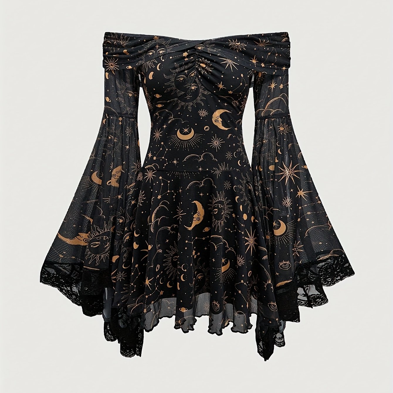 Gothic Semi-sheer -line Dress With Off-shoulder/ Neck, Bell Sleeves & Star & /moon Print - Lace Sleeve Suitable For Weddings, Parties, Wear - Elegant Dress