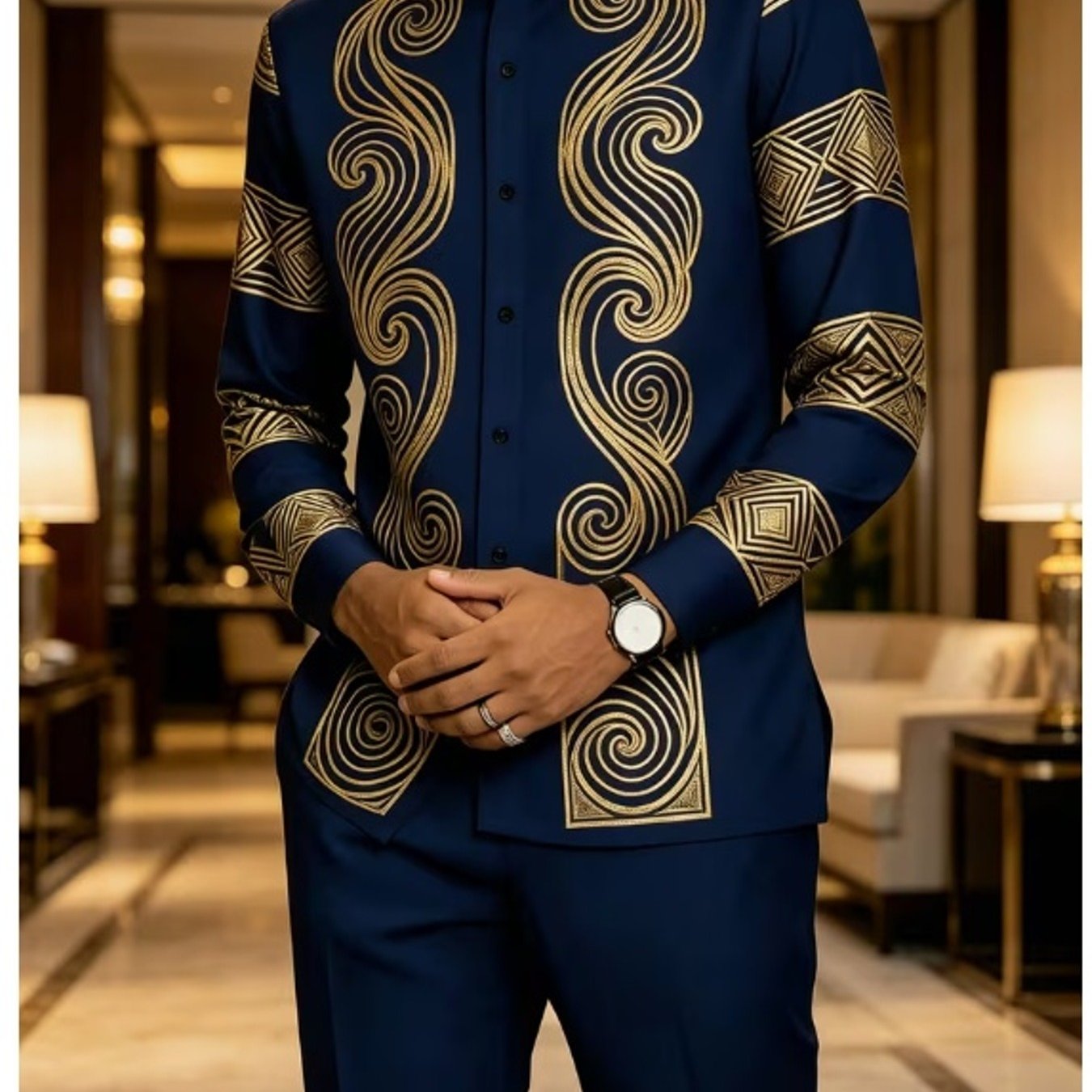 Men's Golden Geometric Swirl Print 2pcs Outfit Men's Summer Casual Outfit Breathable Lightweight Durable Washable Street Style Trendy Daily Wear Vacation Outfit Holiday Gift Modern Fashion