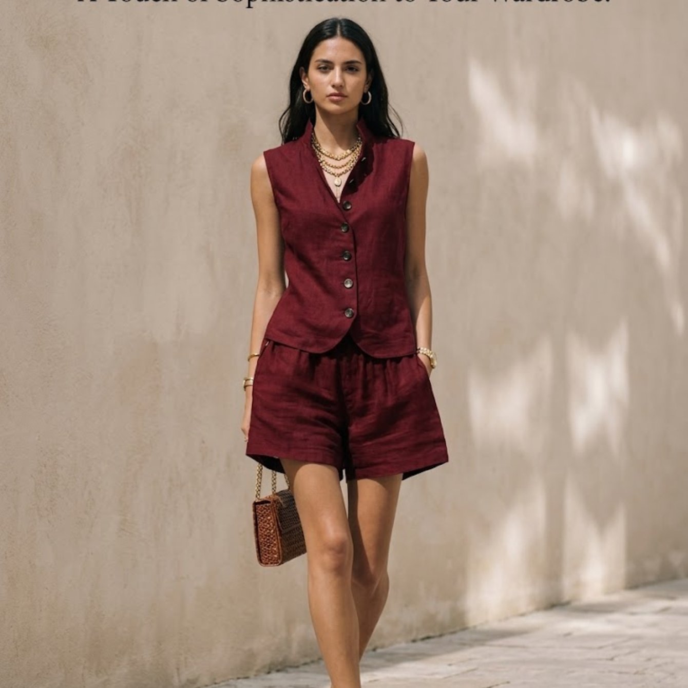 Image of Women 2pcs Outfits Elegant Chic Sleeveless Stand Collar Vest Button Up Waistcoat High Waist Short Set Co-ord Apparel