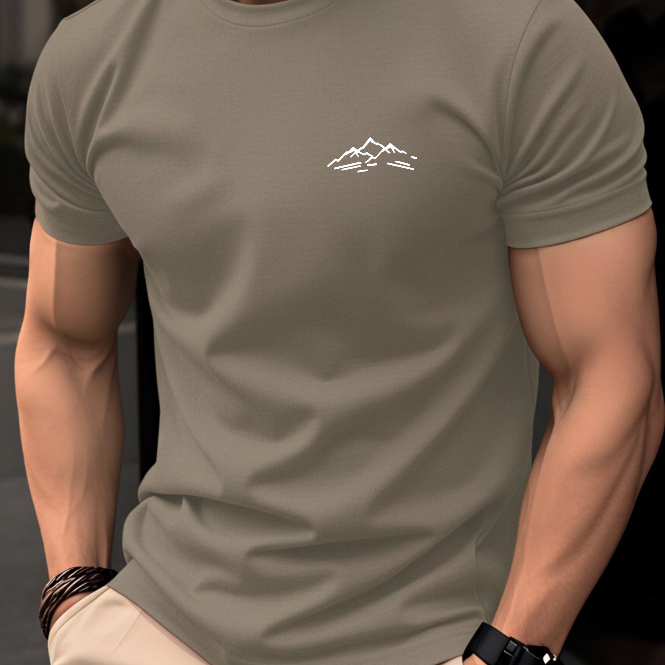 100% Cotton Men's T-shirt, Summer Short Sleeve Slim Fit Round Neck Top, Trendy Versatile Casual Base Layer With Minimalist Mountain Line Pattern For A Unique And