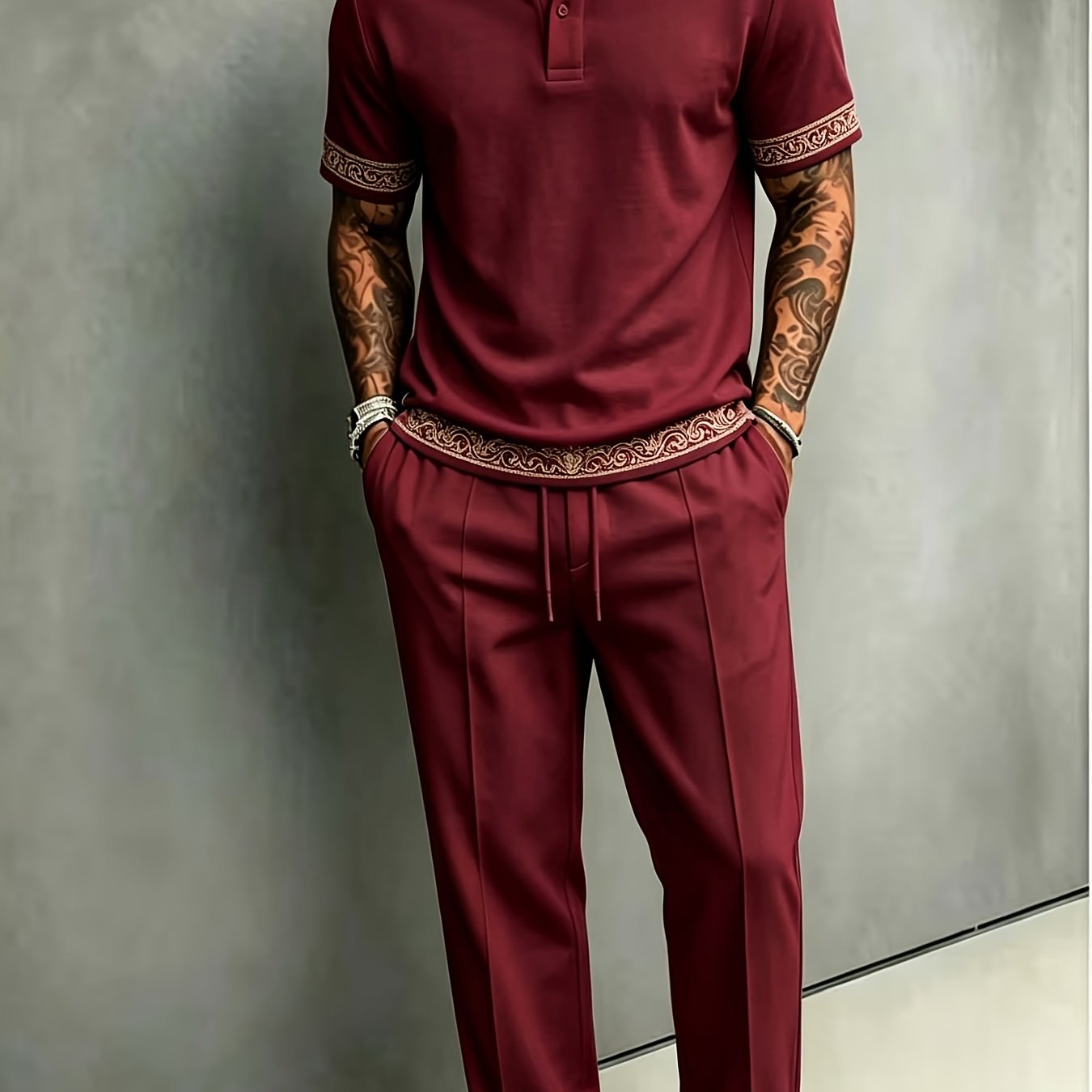 Men's Baroque Trim Shirt & Pants 2pcs Set, Casual Outfit For Daily & Outdoor Activities