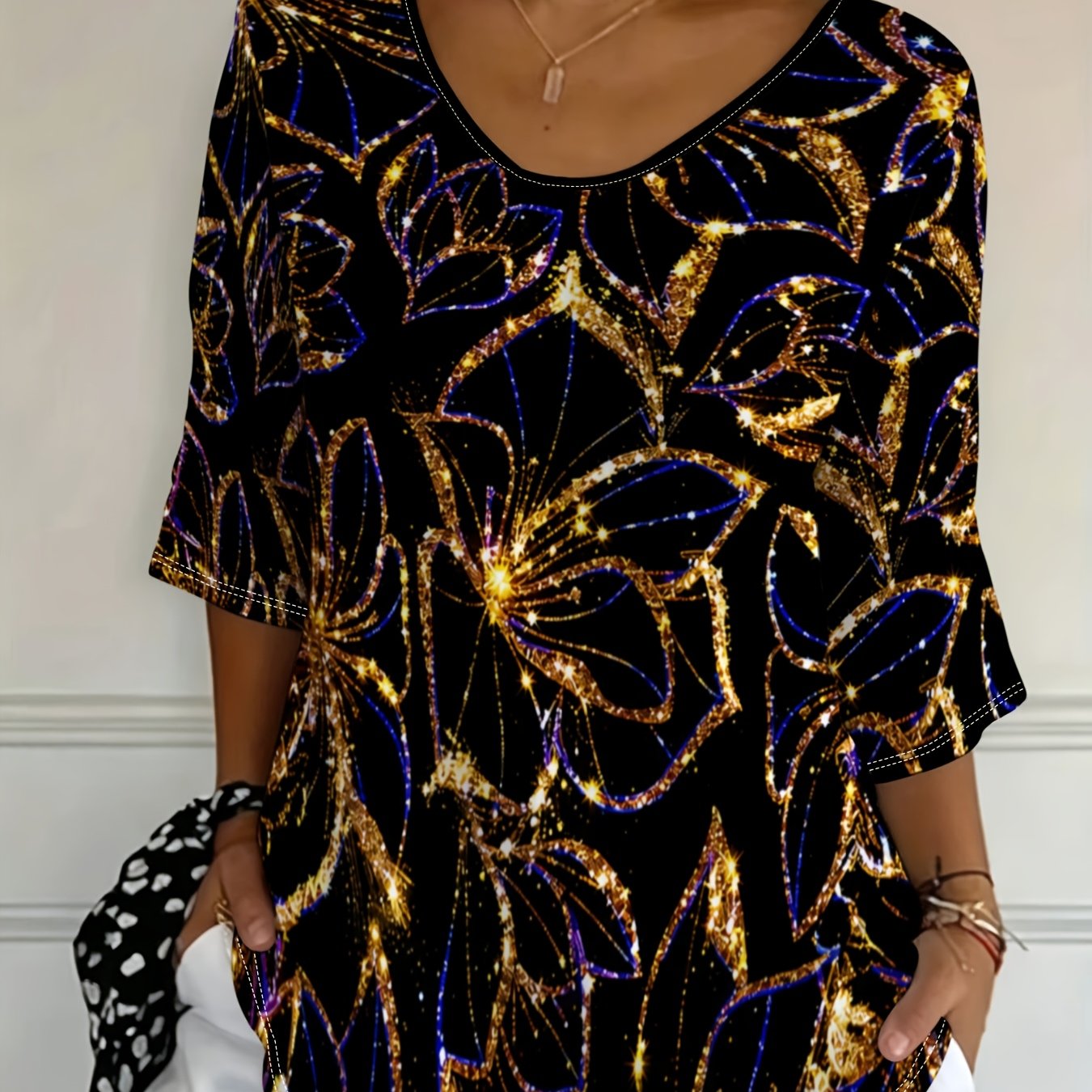 TEMU Plus Size, Plus-size Women's Top, Mixed Colors, Multiple Sizes , With Blue And Golden Floral Pattern, Festive And Luxurious, Suitable For Daily
