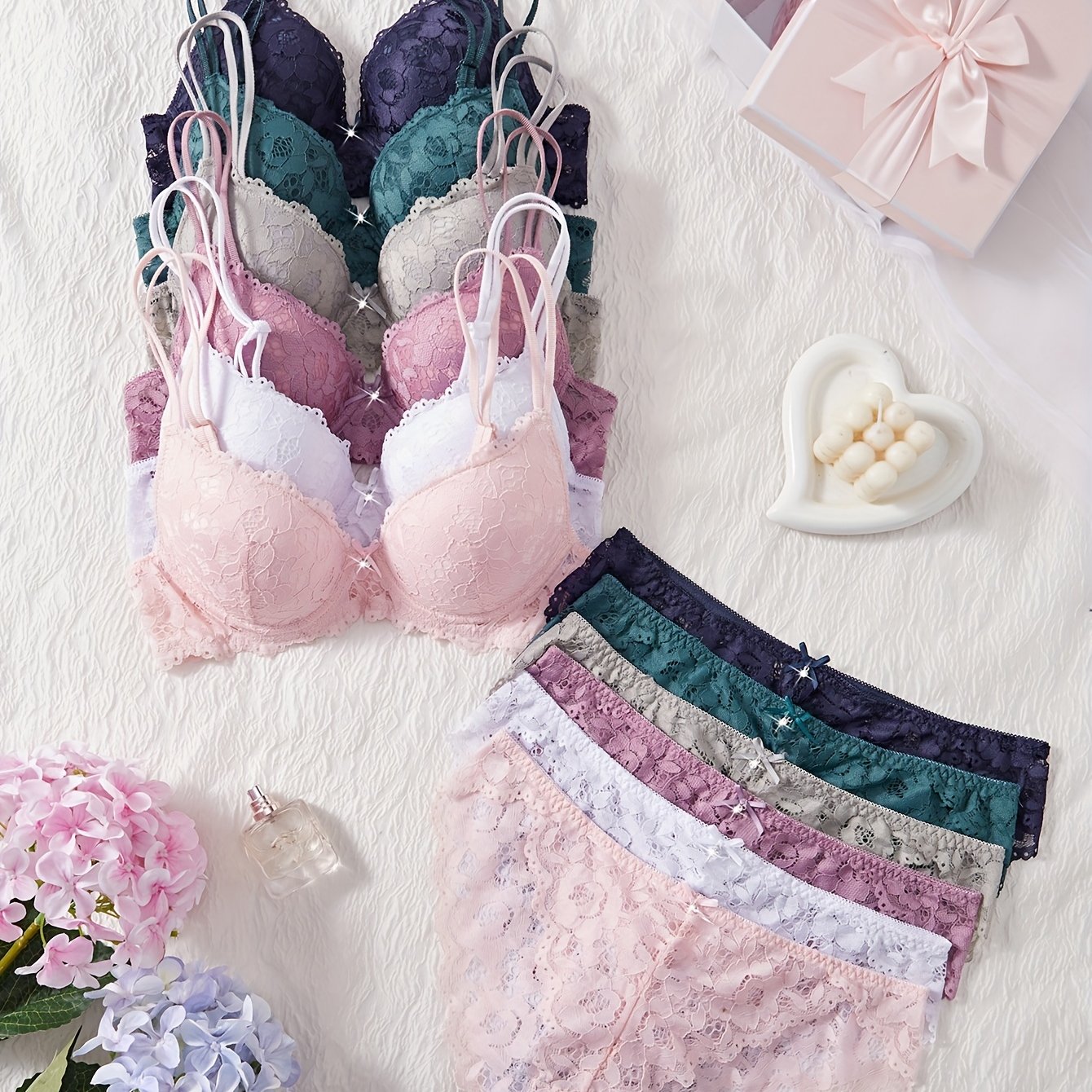 6 Sets, Women's Lace Bra Set Floral Pattern, Comfortable And Sexy Optional