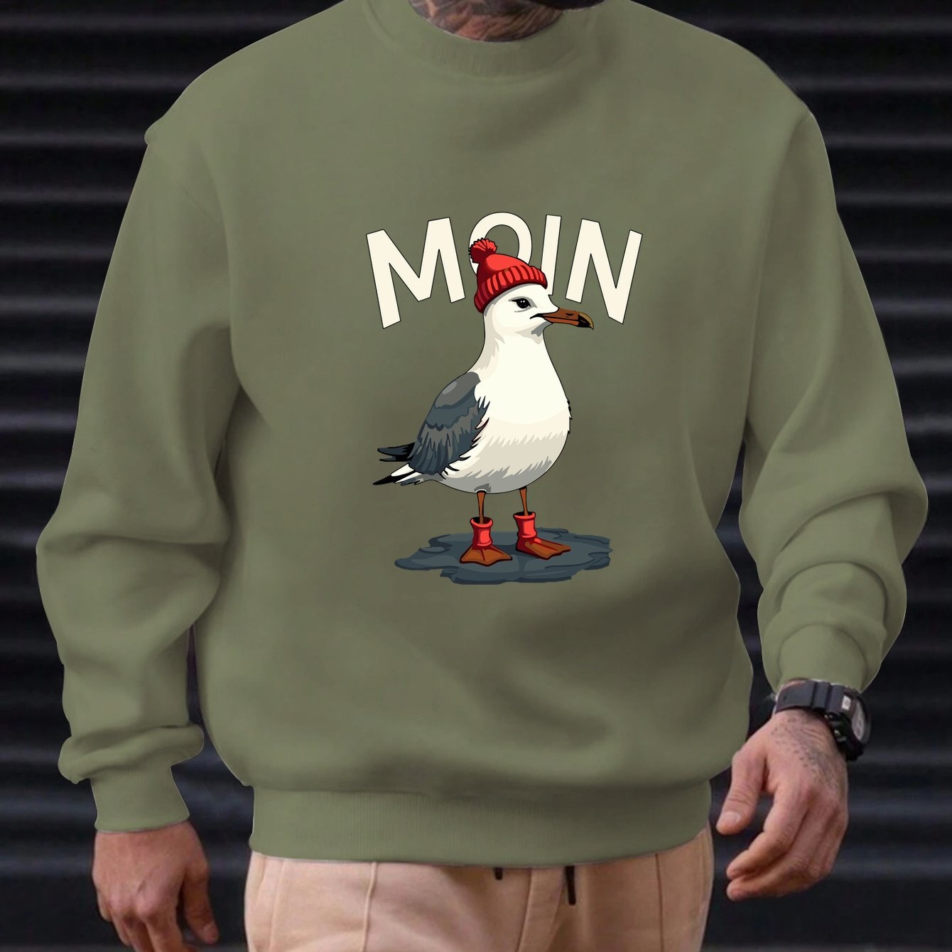 TEMU Men's Casual Crew Neck Sweatshirt With Seagull Moin Pattern, Hat And Boot Design