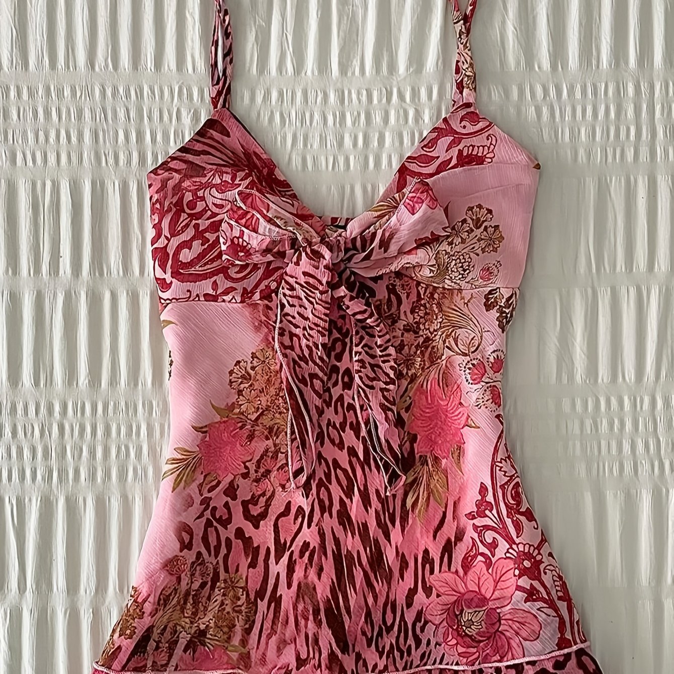 Spring/summer 2000s Vintage Leopard Print Peony Floral Print Lightweight Spaghetti Strap Knotted Chest Women's Top