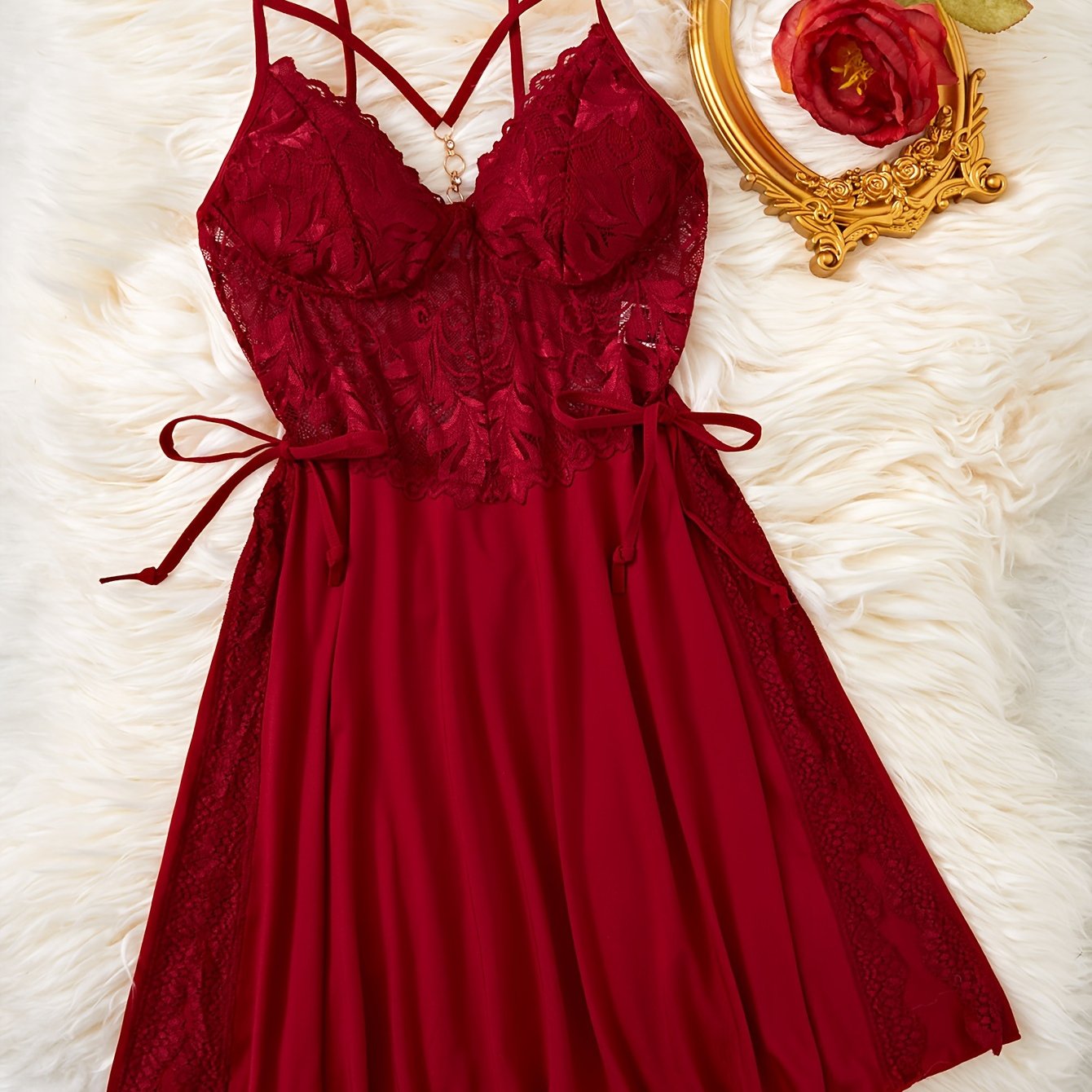 TEMU Elegant Solid Contrast Lace Nightgown, Metal Decor Strappy V Neck Backless Slip Dress, Women's Sleepwear