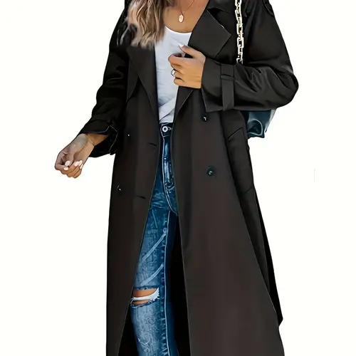 womens fall and winter casual long solid color windbreaker lapel design coat