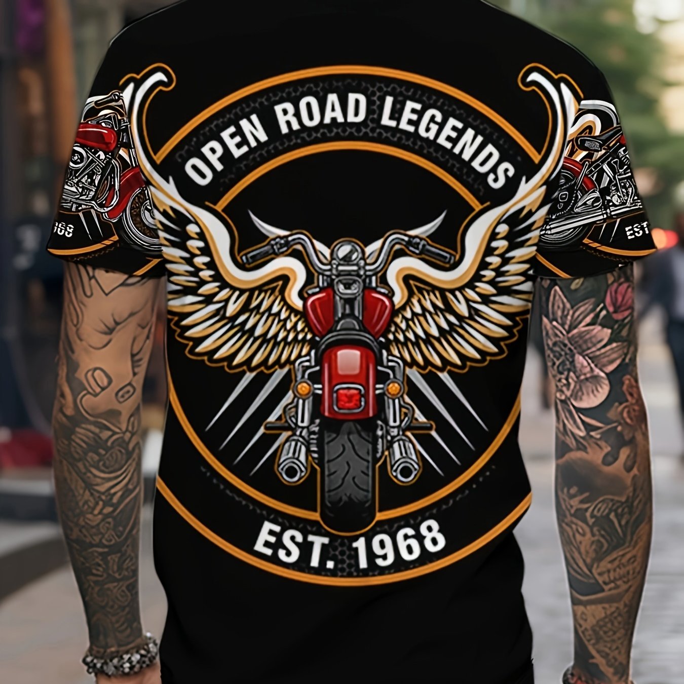 TEMU Men's Motorcycle Wing T-shirt - Plus Size Xl Oversized Fit Short Sleeve Round Neck Casual Summer Top With Winged Rider Pattern, Machine Washable