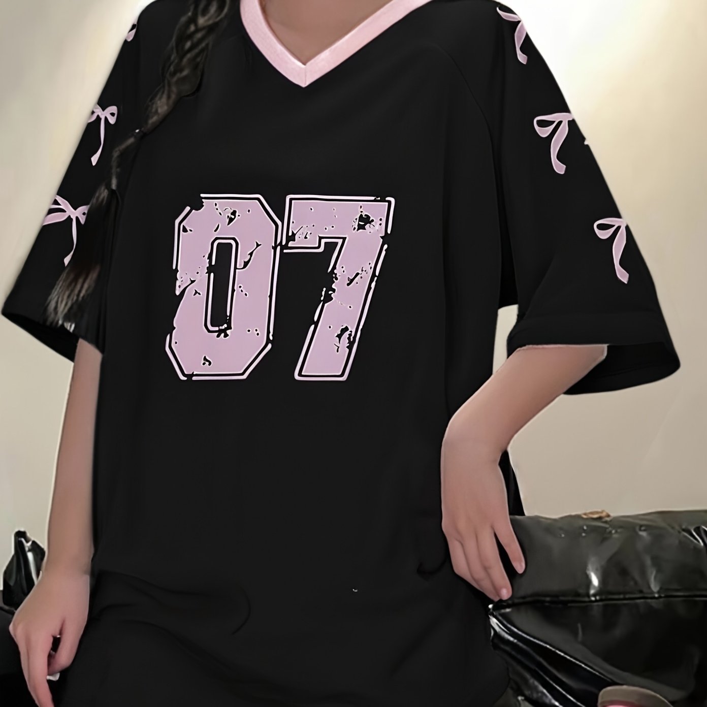 Image of Teen ' Neck Solid Color Bow Letter Random Print Straight Short Sleeve Regular Sports Top Summer Casual Sports T-shirt, For Teenager, For Teenager