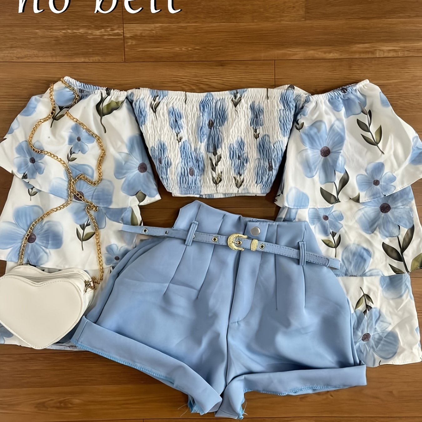 TEMU 2026 New 2pcs Set, Printed Cake Puff Sleeve Blouse And One-shoulder Sweater Top With Camisole And Blue Suit Pocket Shorts (belt Not Included),