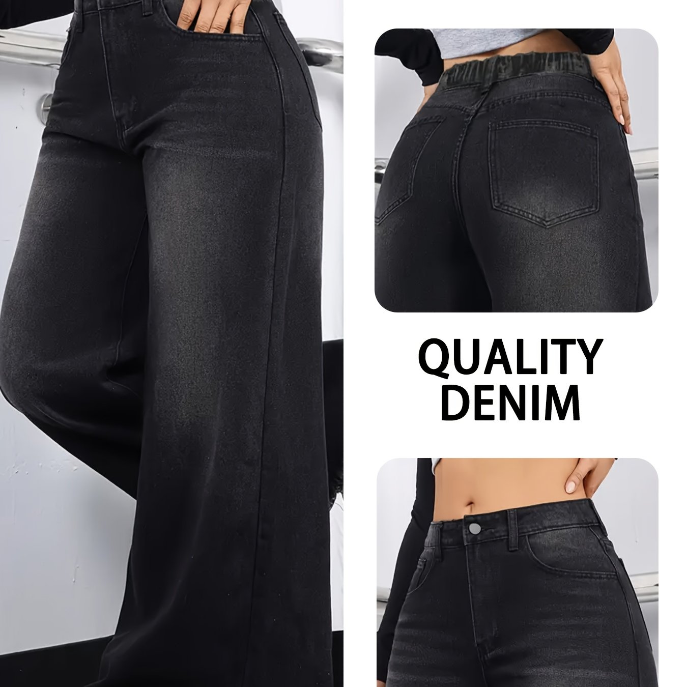 Image of Women's Black Loose Wide Leg Frayed Edge Fashion New Tassel Design Wide Leg Jeans A-line Flared