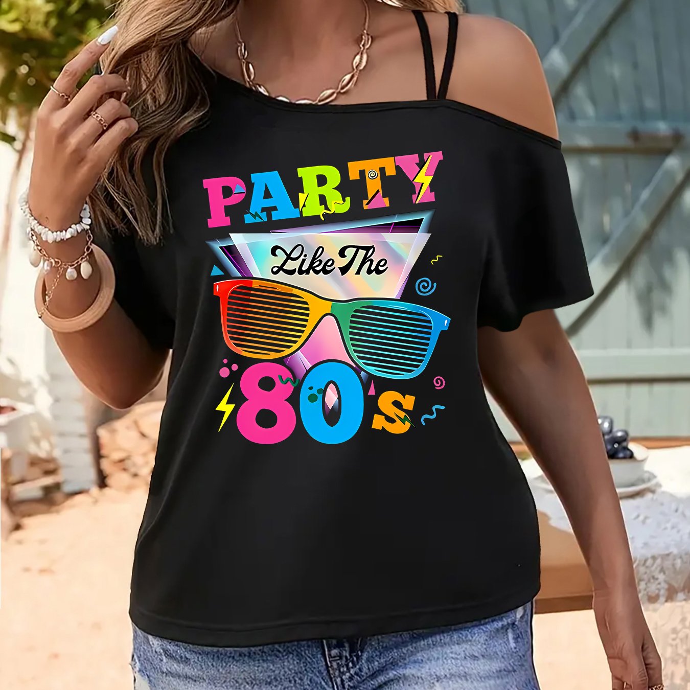 TEMU Beautiful And Elegant Plus-size Women's Party Top Featuring 80s-style Colorful Letter Fashion Glasses And Cocktail Patterns. A Stylish, Elegant,