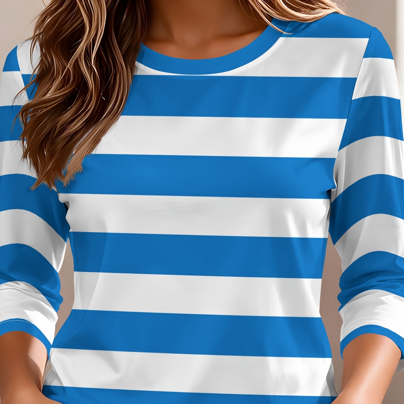 TEMU Women's Spring Autumn Round Neck T-shirt, White Striped Three-quarter Sleeve Top, Casual All-match Style