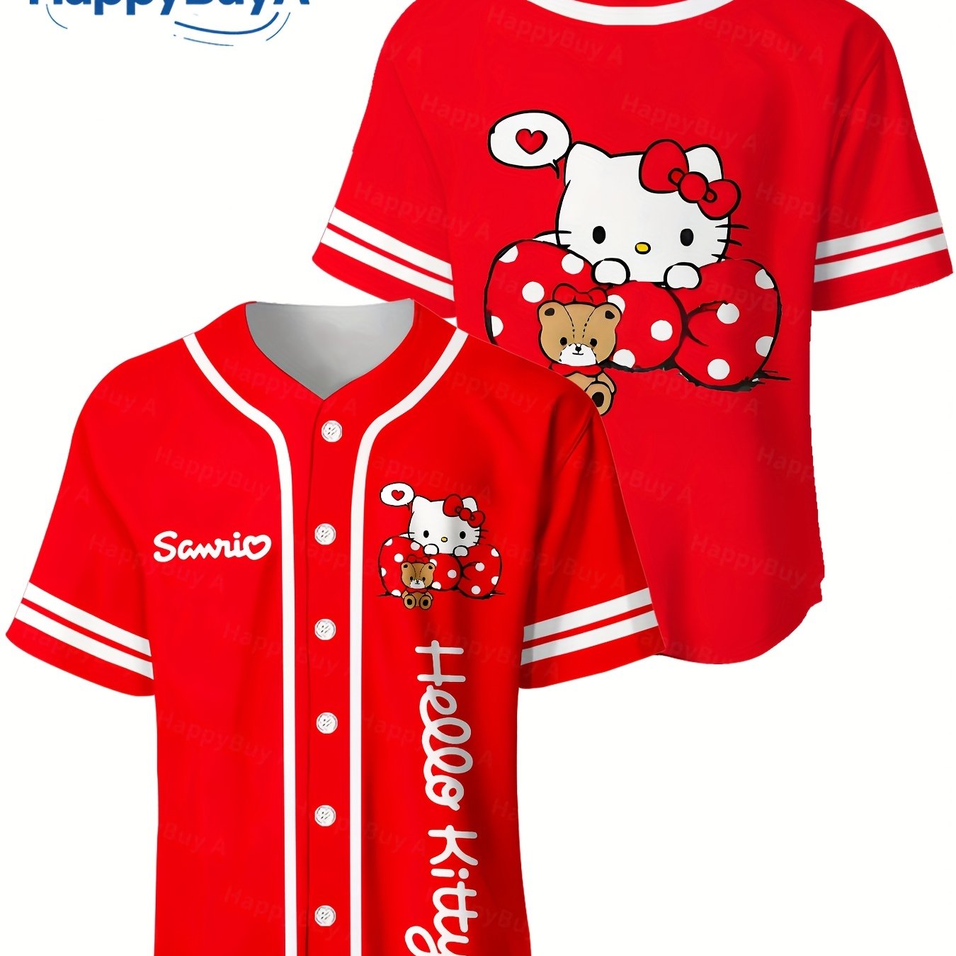 Hello Kitty -neck Button-front Jersey - Short Sleeve Baseball Uniform With Hello Kitty Face & Iconic, Machine Washable Casual Sportswear For Game Day Outfits, Training, For Fans & Collectors ()