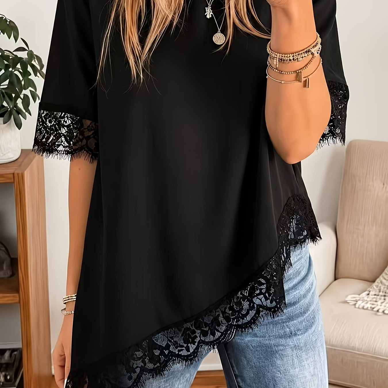 TEMU Bk260506006 Directional Elegant Women' Color Lace Asymmetrical Short Sleeve Casual Shirt