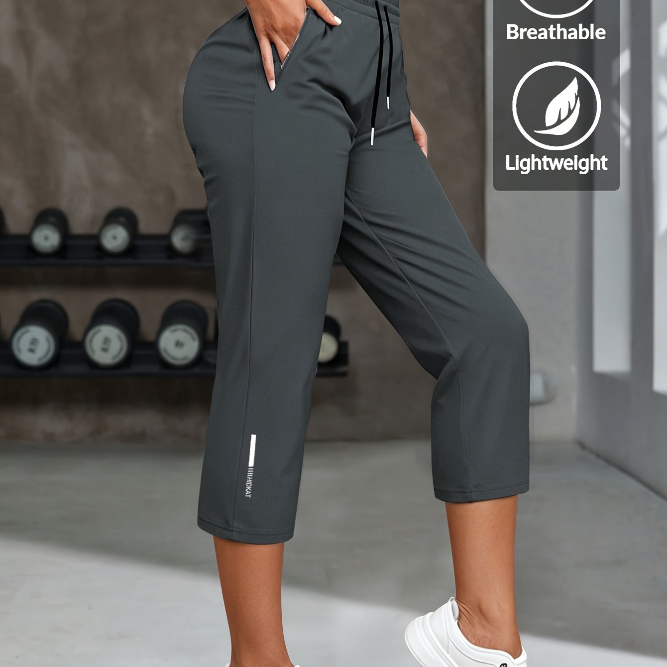 TEMU Women's Elastic Slim-fit Cropped Pants, High Elasticity, Breathable Pants, Reflective Strip Printing, Suitable For , Casual Pants, Versatile