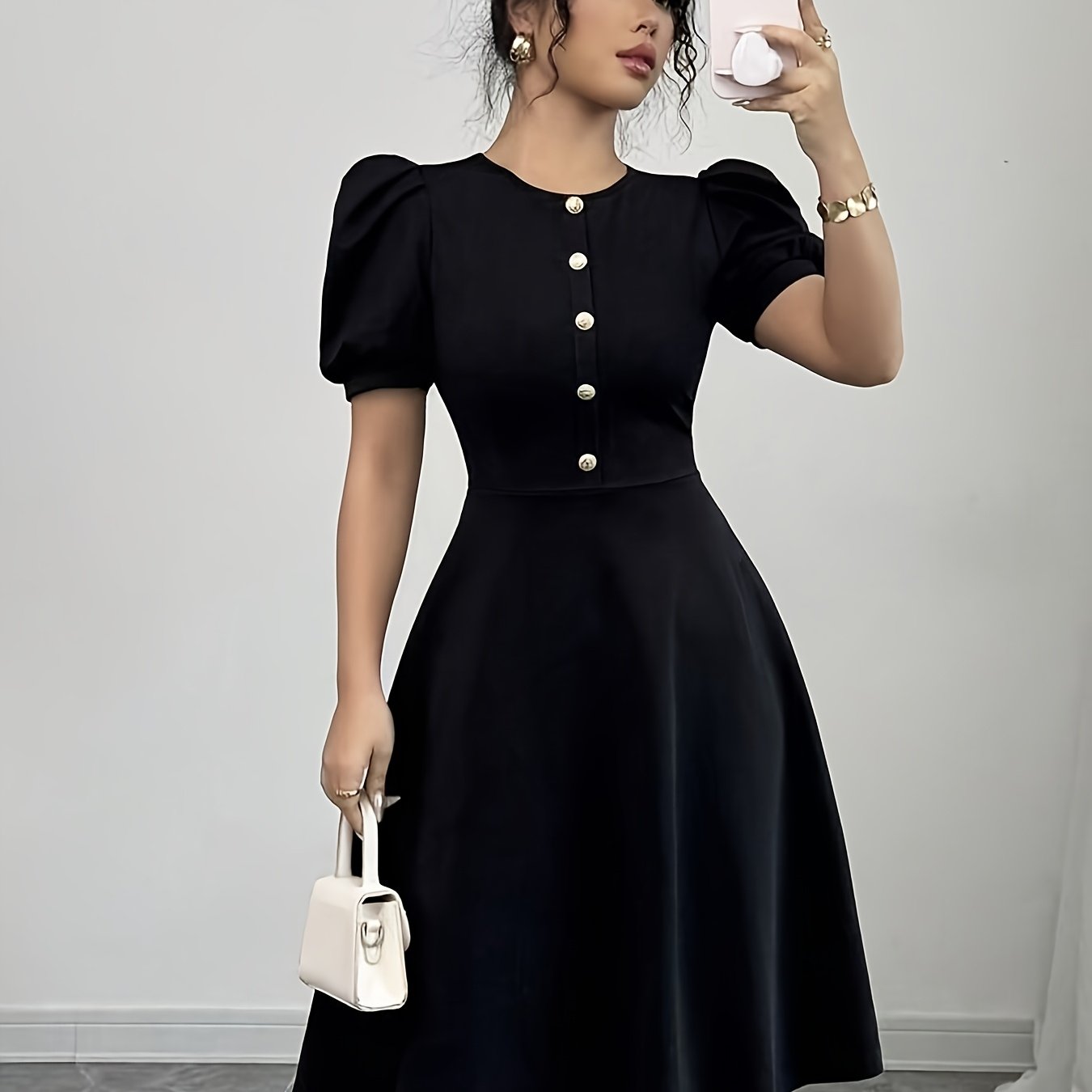 TEMU Elegant Casual Women's Decorative Button Lantern Sleeve Solid Color Dress, Summer Dress