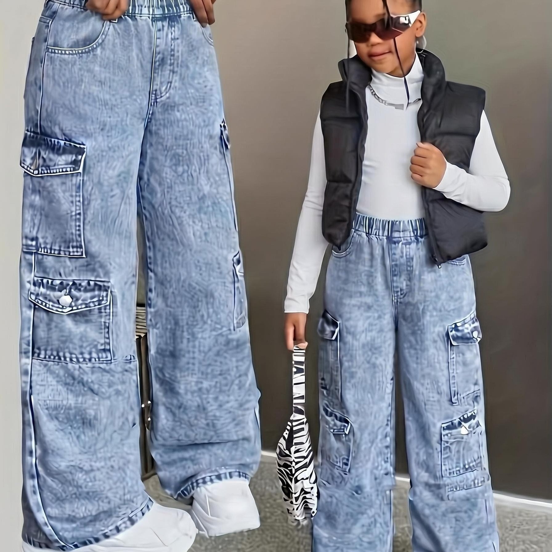 Street Cool Casual Denim Long Pants | Multi-pocket Utility Design, Wide-leg Jeans, Fashion Girls' Outing Essential Item