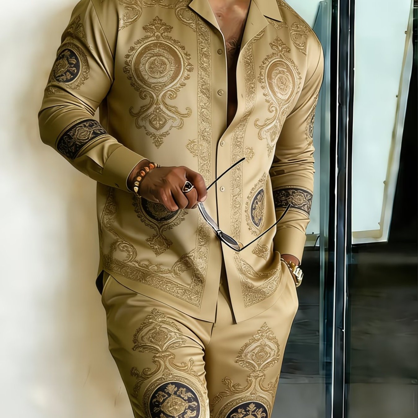 2pcs Set, Fashionable Men's Button- Shirt And Long Pants | Breathable And Comfortable, Suitable For Occasions, Ideal For Holiday Gifts, Perfect For Family, , Brothers