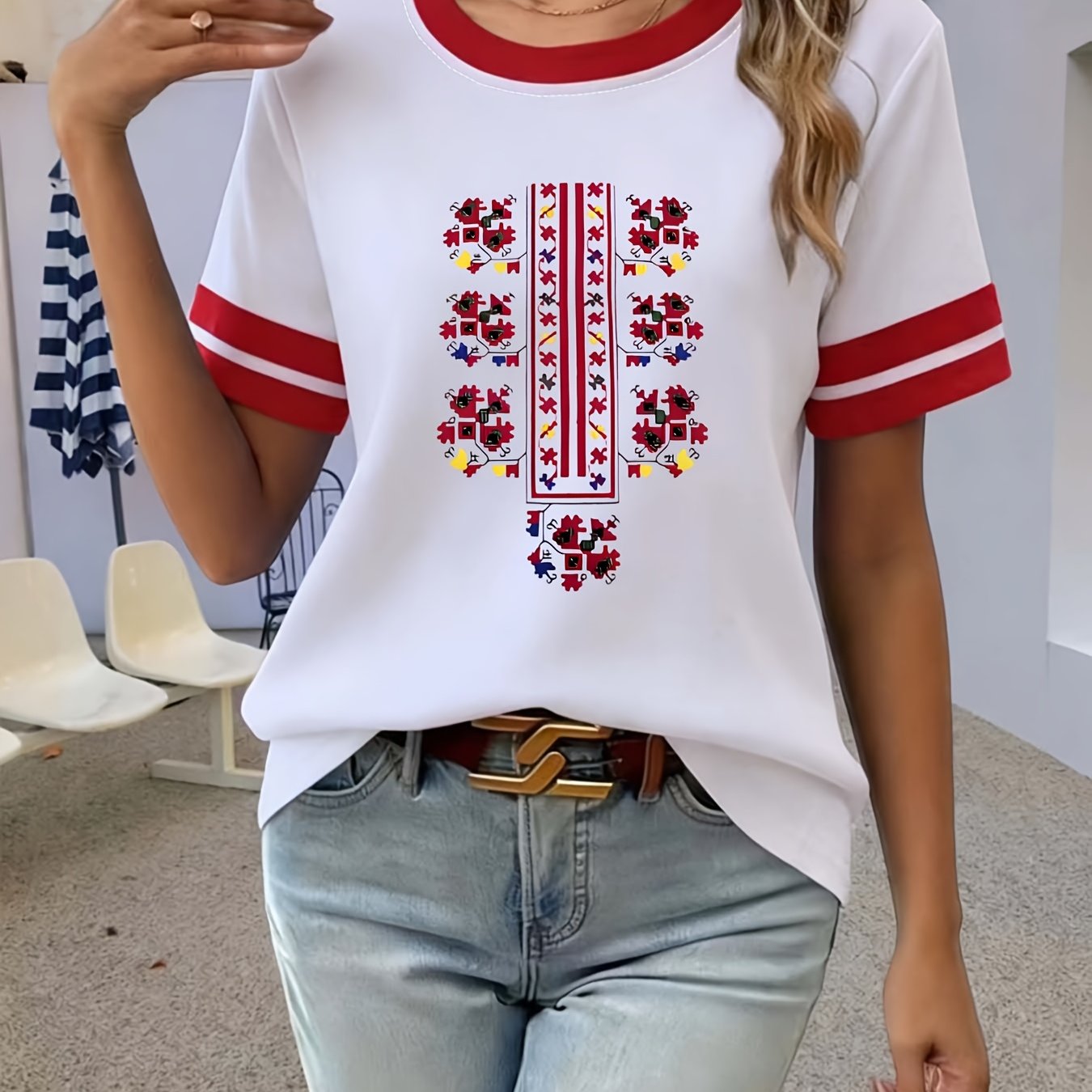 TEMU Women's Fashionable Spring Summer Autumn Color-block Short Sleeve Pullover T-shirt With Exquisite Small Graphic Print, Versatile And Comfortable