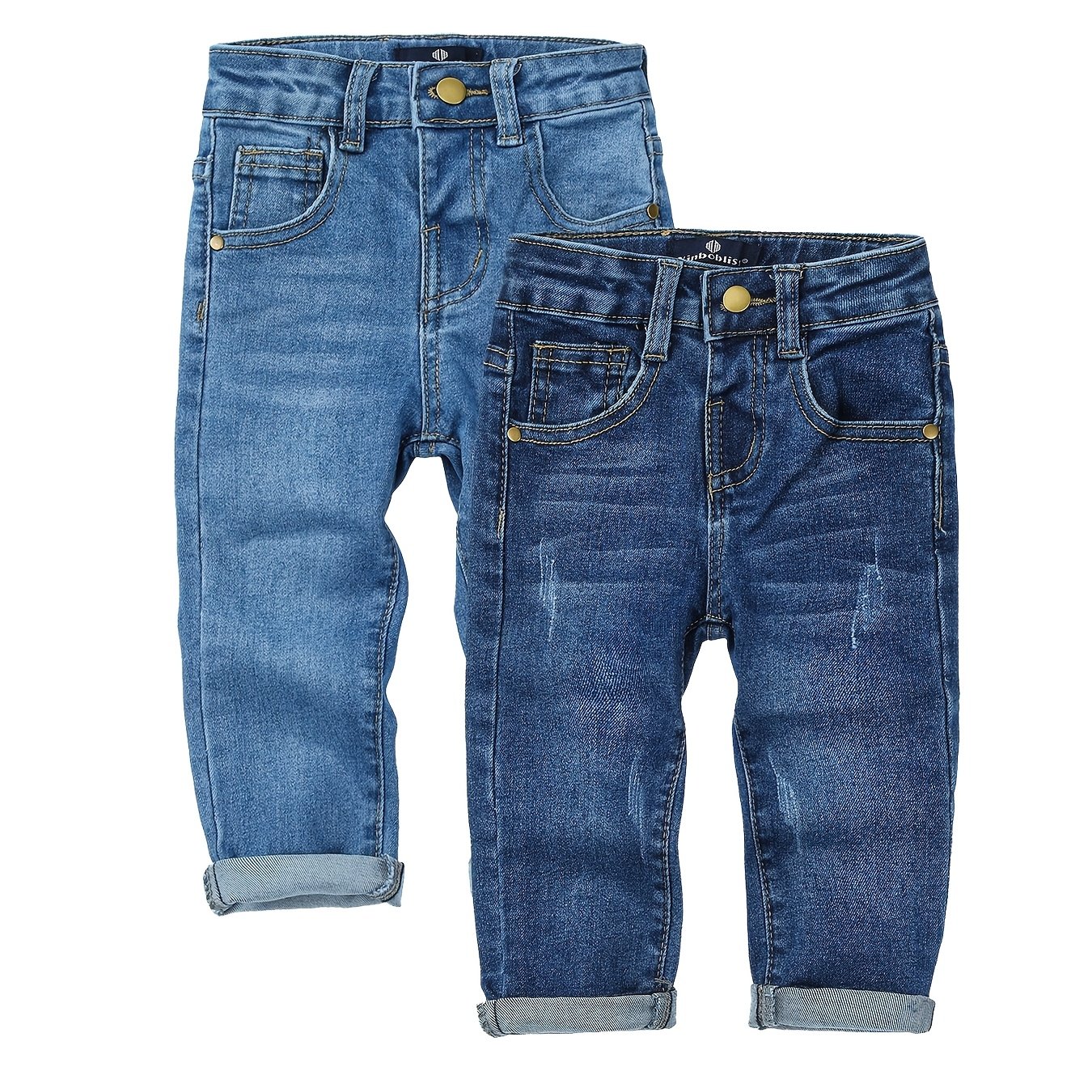 Image of 2pcs Boys' Slim-fit Stretch Denim Denim With Pockets - Mid-rise Casual Pants, Comfortable & Versatile For , Light Washed Style, Perfect For Casual Attire, Denim|slim Fit Denim|stylish Button Closure