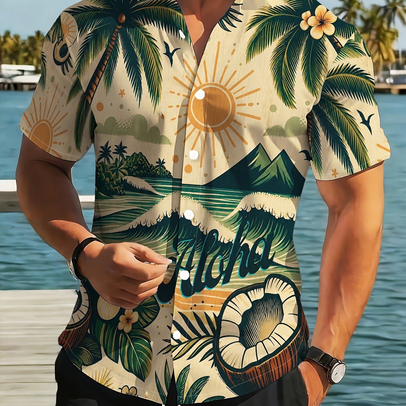 TEMU [print Design - Not Textured] Men's Tropical Hawaiian Palm Coconut Eggplant Print Shirt, Summer Beach Vacation Casual Shirt, Lightweight And