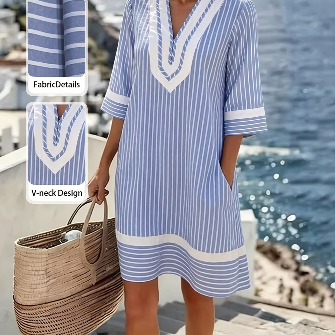 TEMU Summer Autumn New Women's Striped Short Dress, V-neck Three-quarter Sleeve Loose Straight Skirt With Pockets, Casual Vacation Beach Short Dress