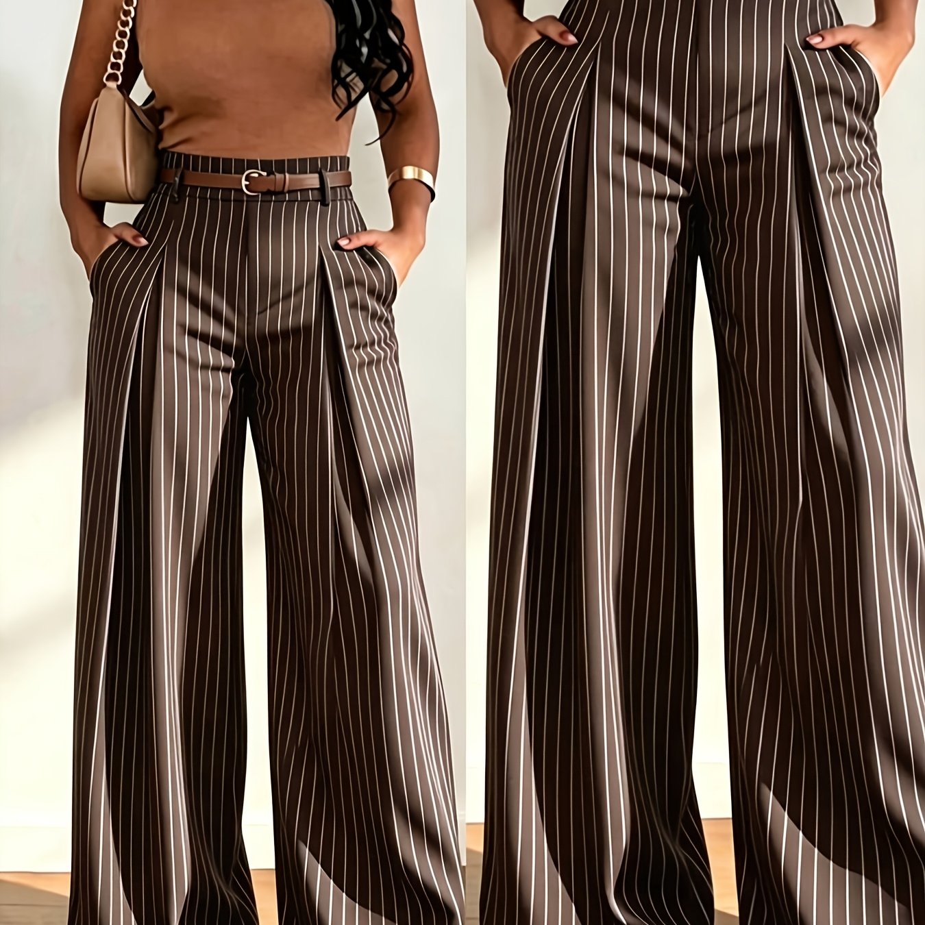TEMU Women's Wide-leg Pants With Back & Elastic Waist - Striped Draped Trousers Suitable For Commuting, Machine Washable Winter Dress Pants, Zipper